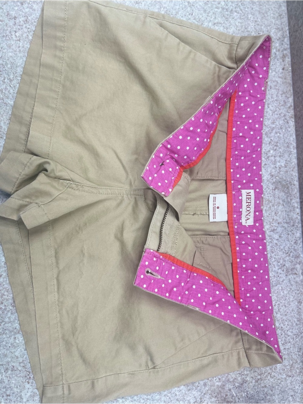 Merona Khaki Shorts with Pink Polka Dot Waistband